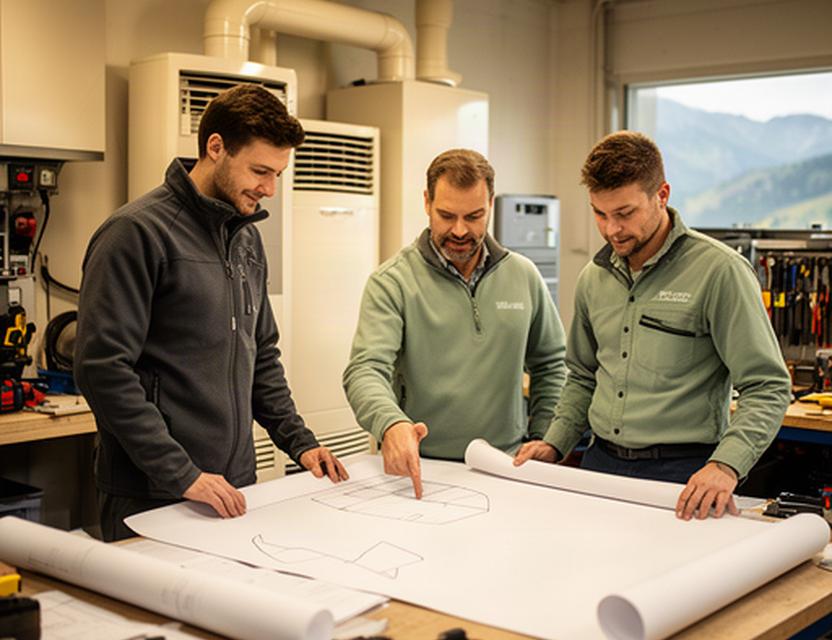 HLK-Fachteam bespricht einen Installationsplan in einer Werkstatt in Kärnten