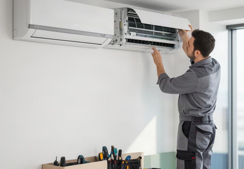 Fachkraft montiert eine moderne Klimaanlage in einem hellen Innenraum